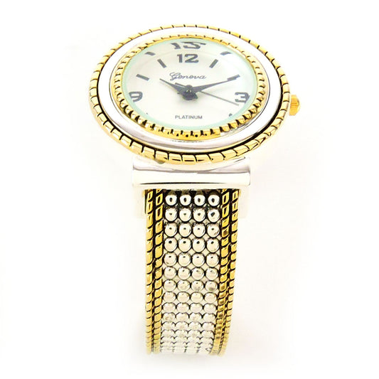 2Tone Round Face Dot Pattern Women's Bangle Cuff Watch