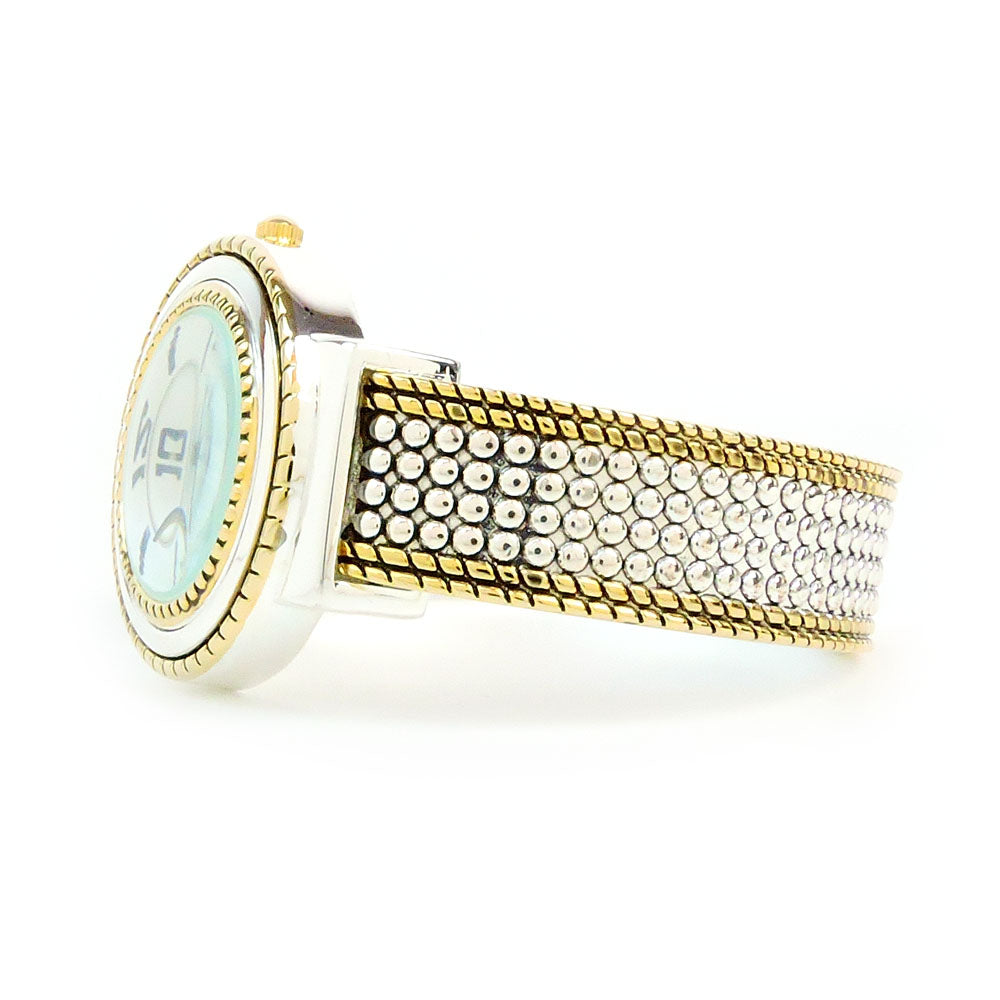 2Tone Round Face Dot Pattern Women's Bangle Cuff Watch