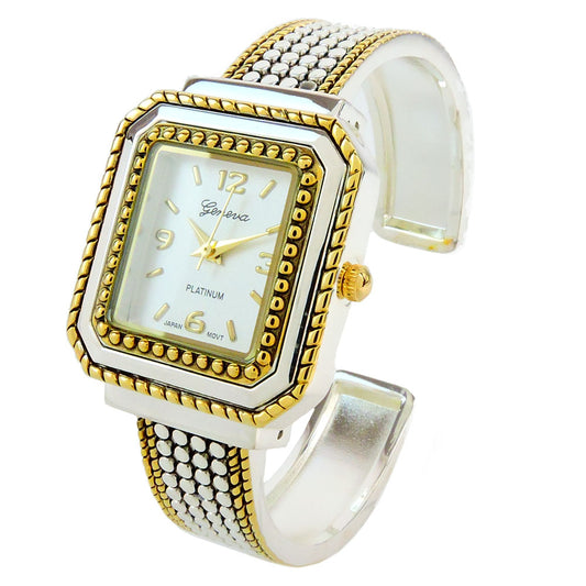 2Tone Square Face Dot Pattern Women's Bangle Cuff Watch