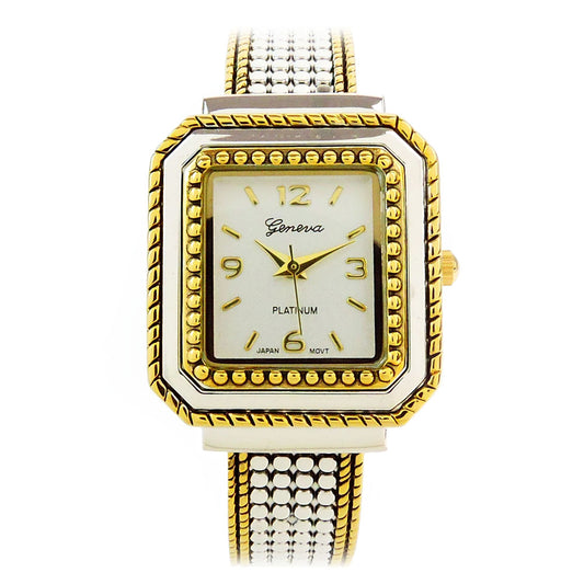 2Tone Square Face Dot Pattern Women's Bangle Cuff Watch