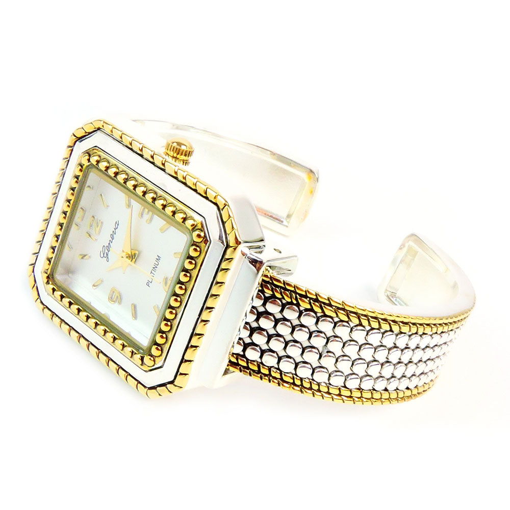 2Tone Square Face Dot Pattern Women's Bangle Cuff Watch