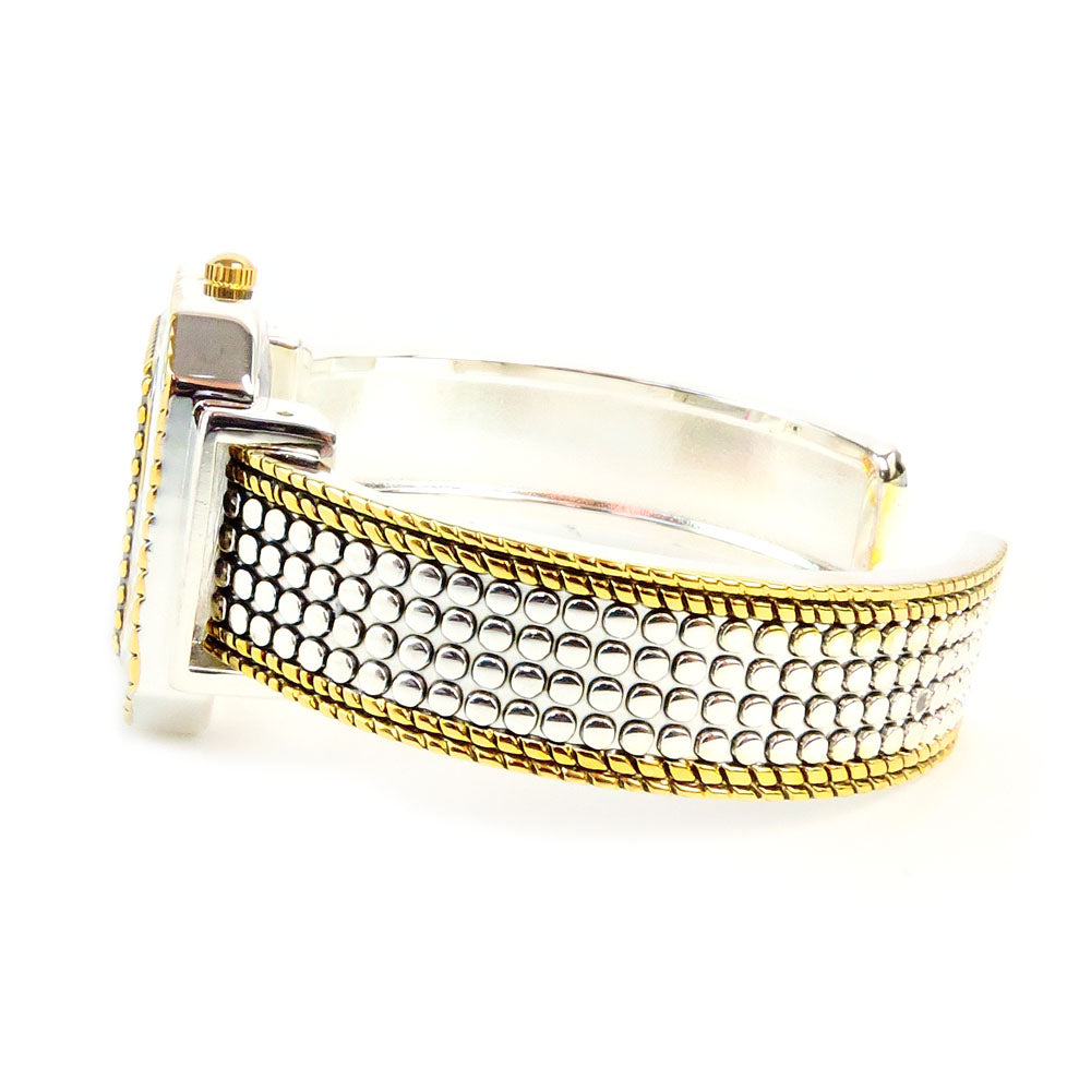 2Tone Square Face Dot Pattern Women's Bangle Cuff Watch