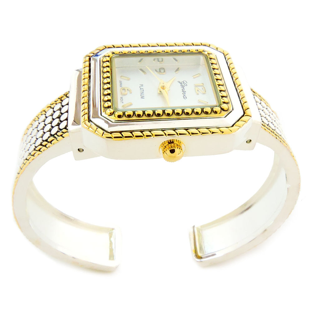 2Tone Square Face Dot Pattern Women's Bangle Cuff Watch