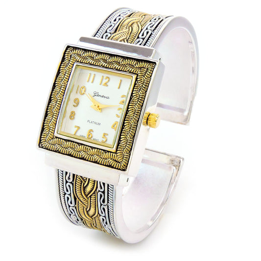 2Tone Metal Western Style Decorated Square Face Women's Bangle Cuff Watch