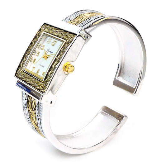 2Tone Metal Western Style Decorated Square Face Women's Bangle Cuff Watch
