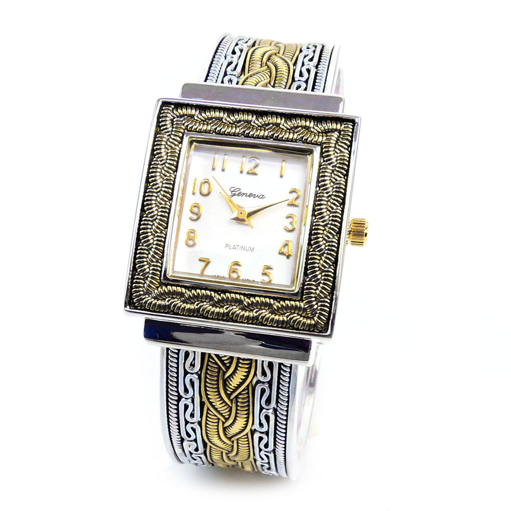 2Tone Metal Western Style Decorated Square Face Women's Bangle Cuff Watch