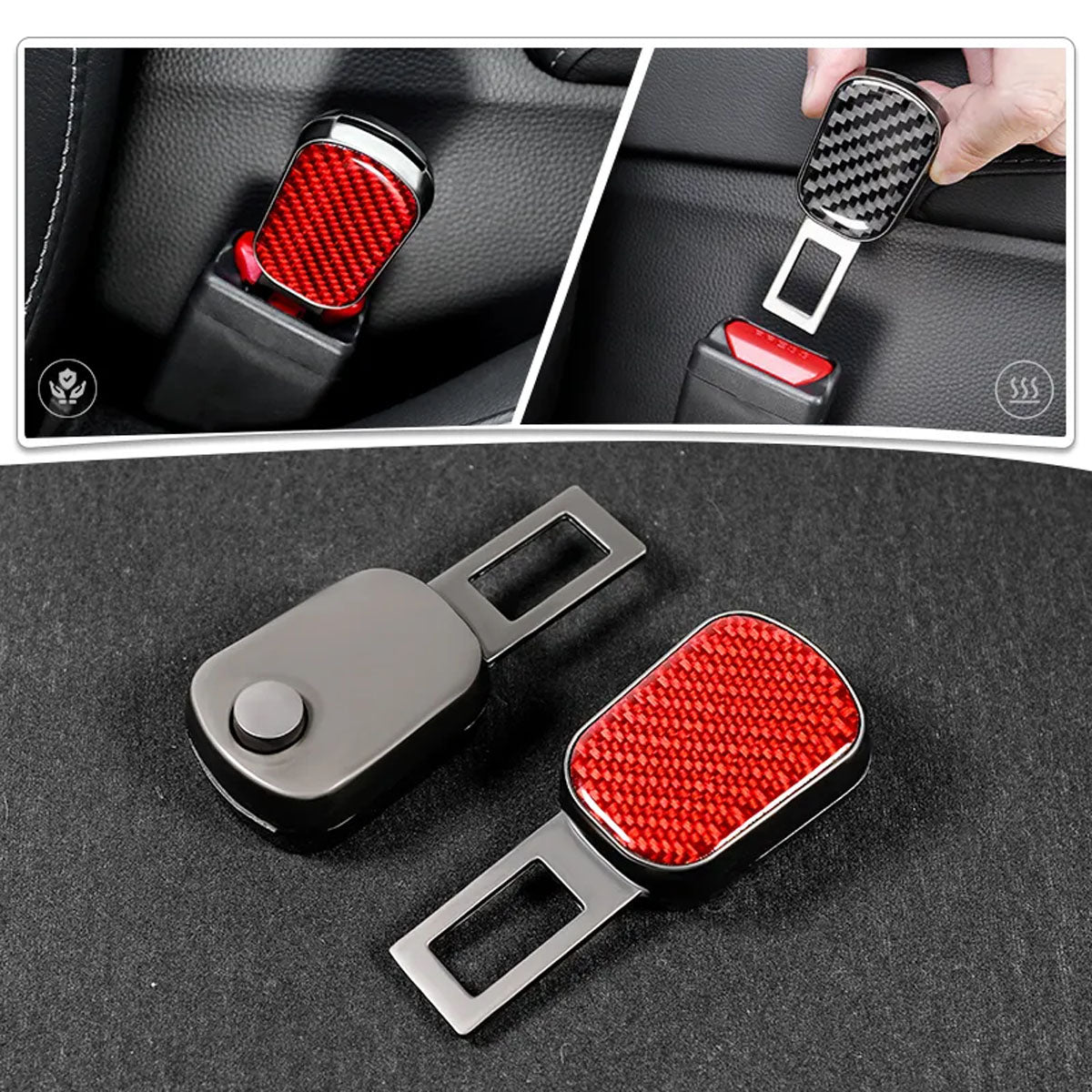 Carbon Fiber Seat Belt Buckle Clip – Alarm Silencer, Adjuster & Extender (2-Pack)