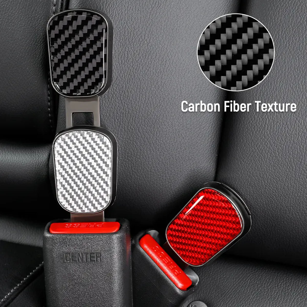 Carbon Fiber Seat Belt Buckle Clip – Alarm Silencer, Adjuster & Extender (2-Pack)