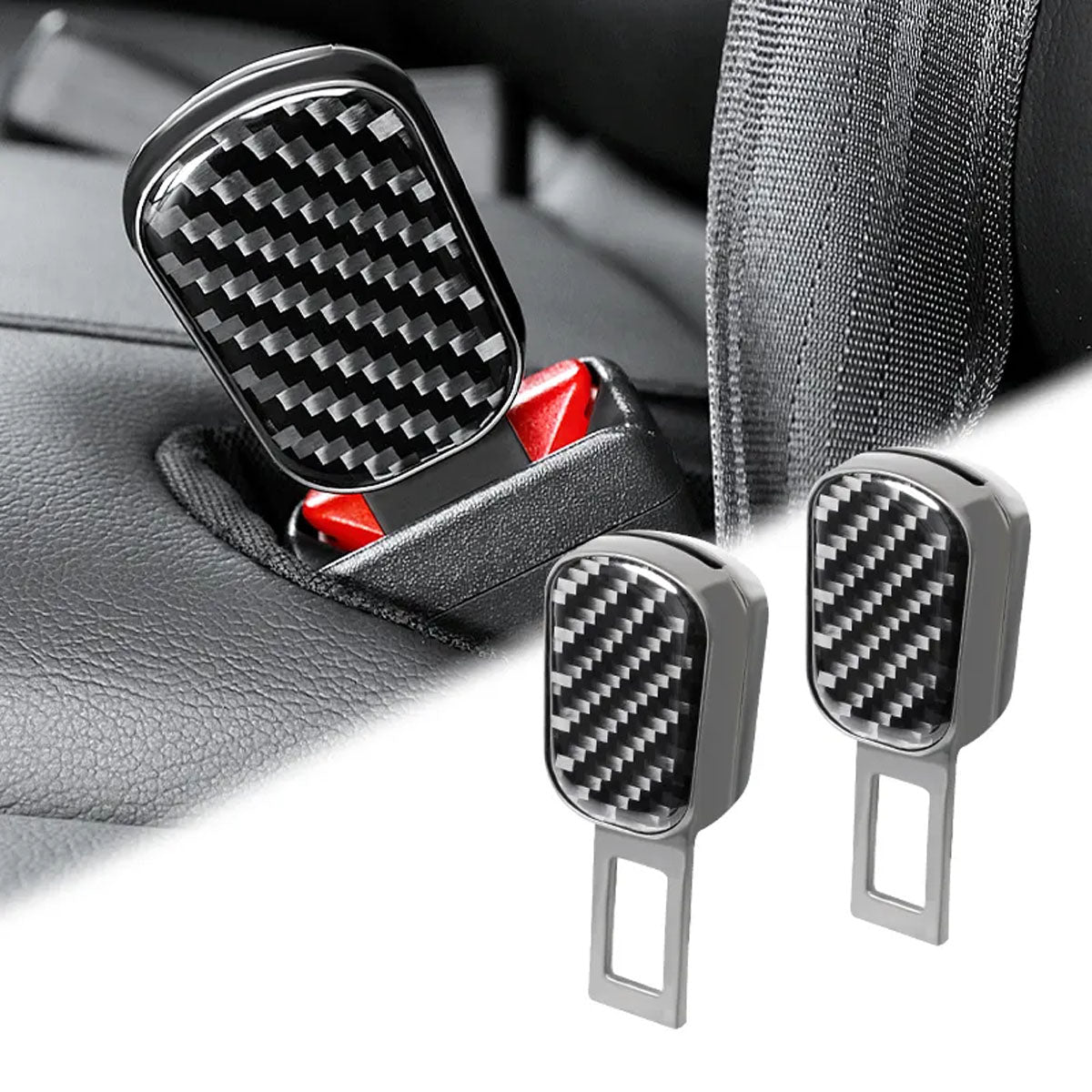 Carbon Fiber Seat Belt Buckle Clip – Alarm Silencer, Adjuster & Extender (2-Pack)