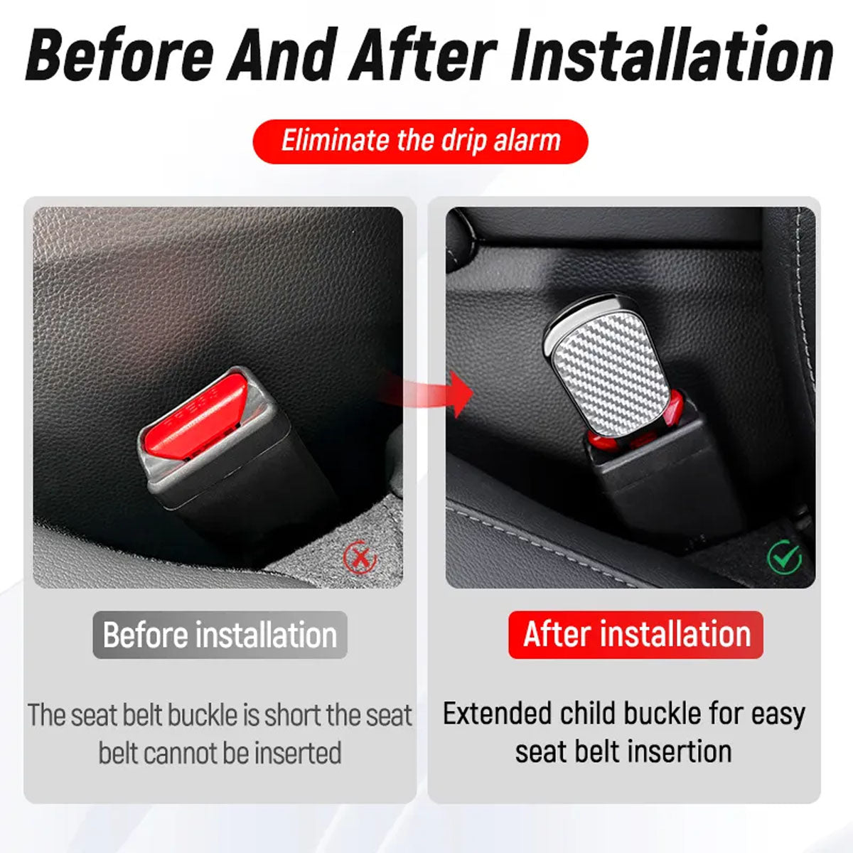 Carbon Fiber Seat Belt Buckle Clip – Alarm Silencer, Adjuster & Extender (2-Pack)