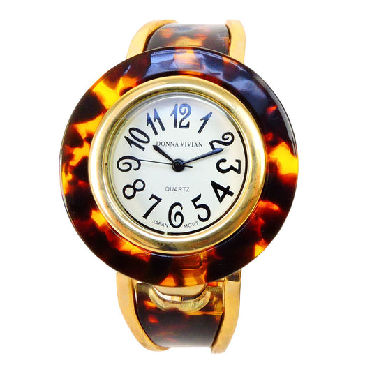 Tortoise Gold Acrylic Band Large Round Face Women's Bangle Cuff Watch