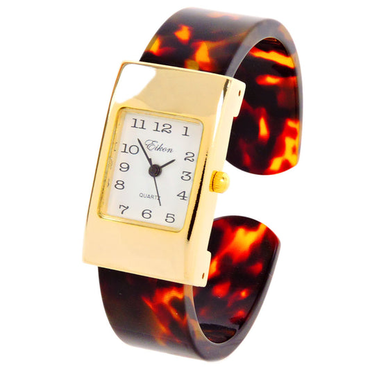Tortoise Gold Acrylic Band Rectangle Face Women's Bangle Cuff Watch