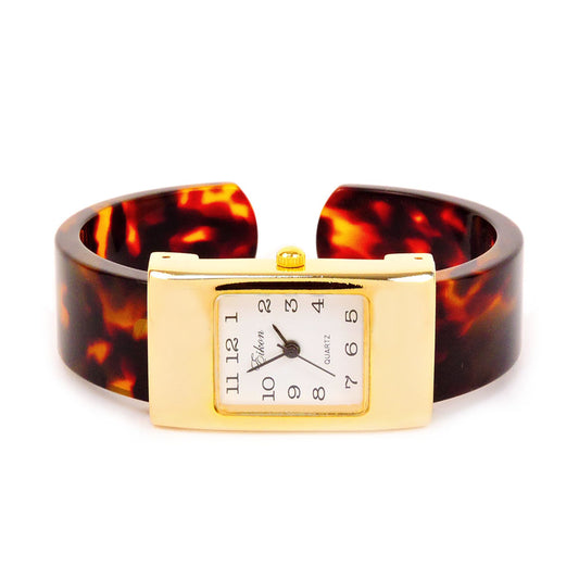 Tortoise Gold Acrylic Band Rectangle Face Women's Bangle Cuff Watch