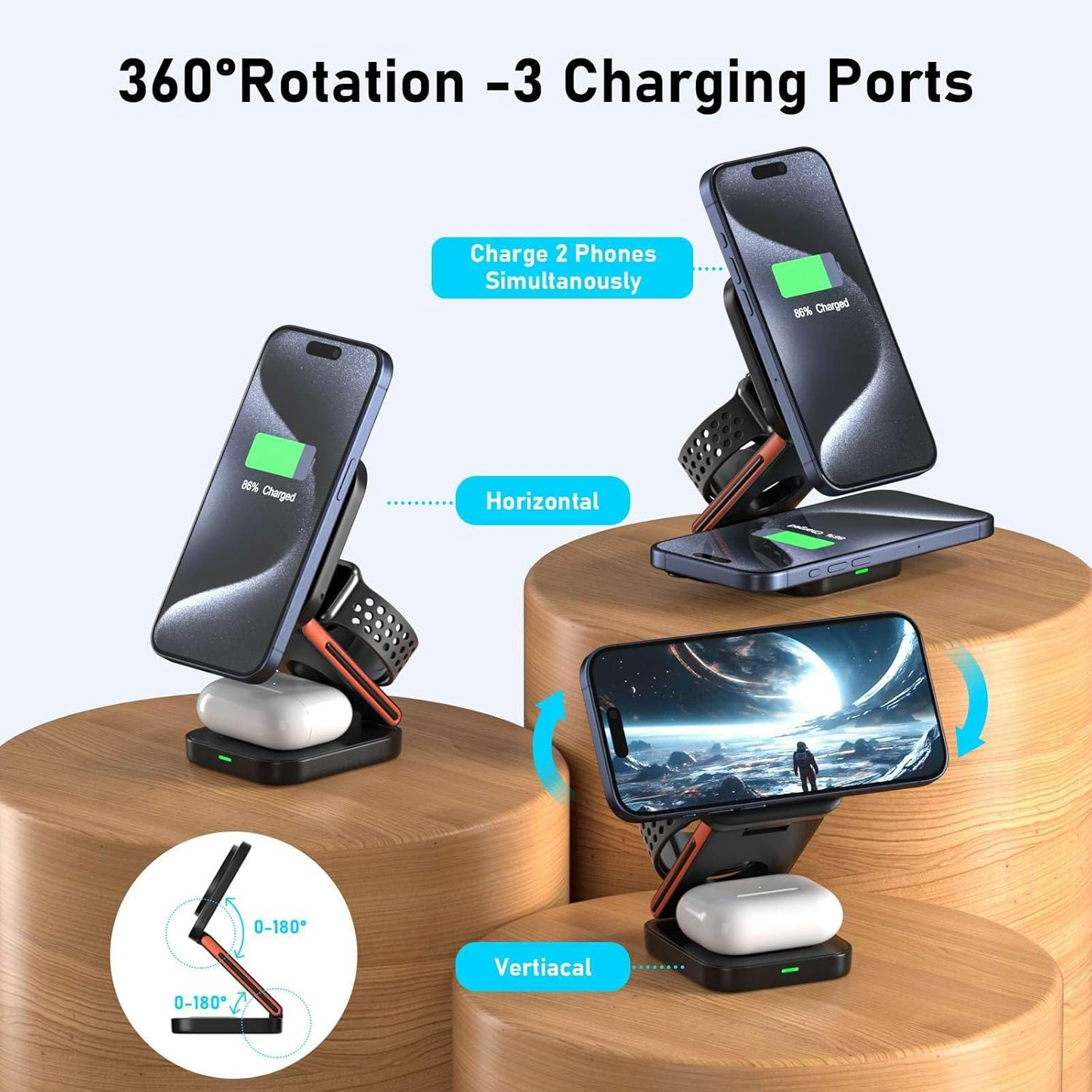 3 in 1 Wireless Compact Charger 15W Fast Charging Station Compatible with iPhone , AirPods and iWatch