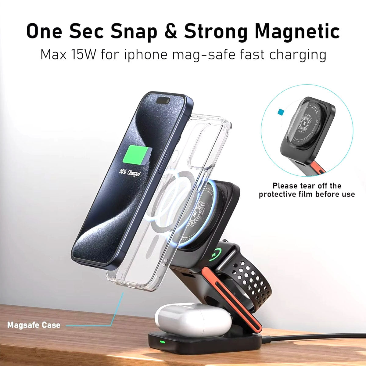3 in 1 Wireless Compact Charger 15W Fast Charging Station Compatible with iPhone , AirPods and iWatch