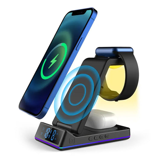 3 in 1 Wireless Charger with Clock/Alarm and Night Light, 15W Fast Charging Station Compatible with iPhone , AirPods and iWatch