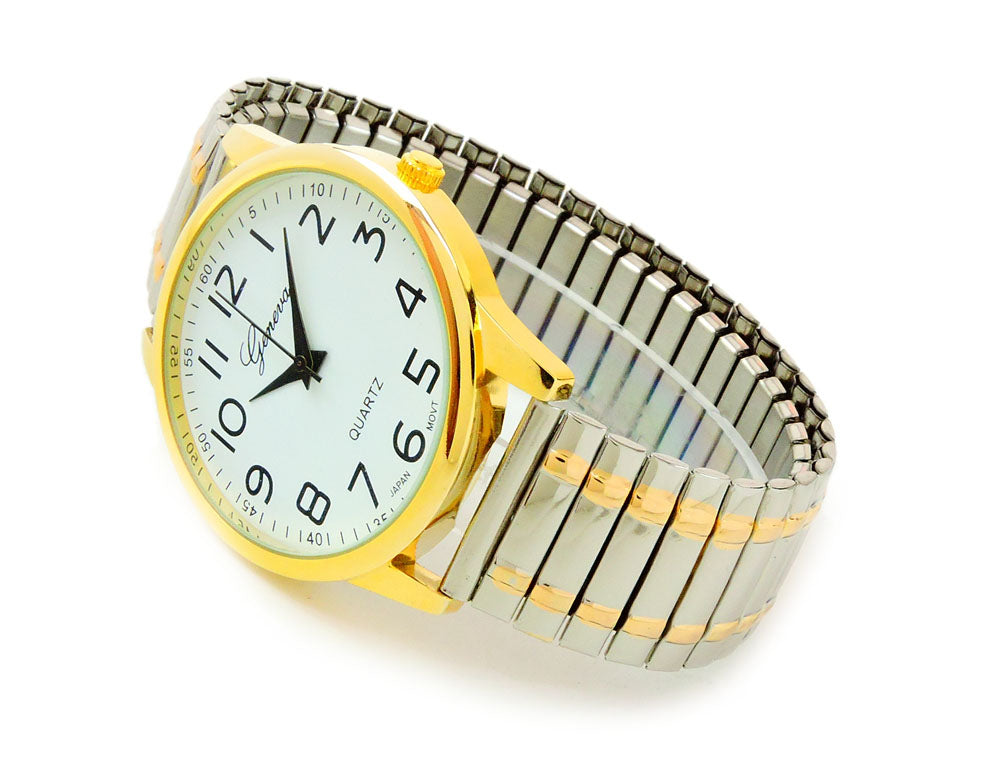 2Tone Large Size Face Easy to Read Geneva Stretch Band Watch