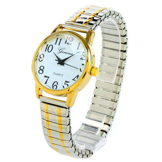 2Tone Medium Size Face Easy to Read Geneva Stretch Band Watch