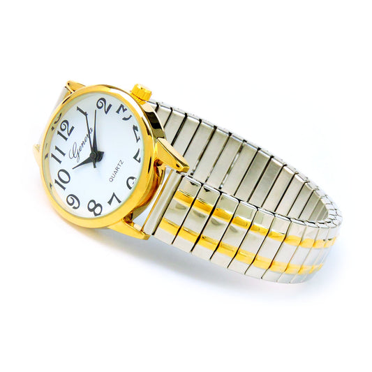 2Tone Medium Size Face Easy to Read Geneva Stretch Band Watch