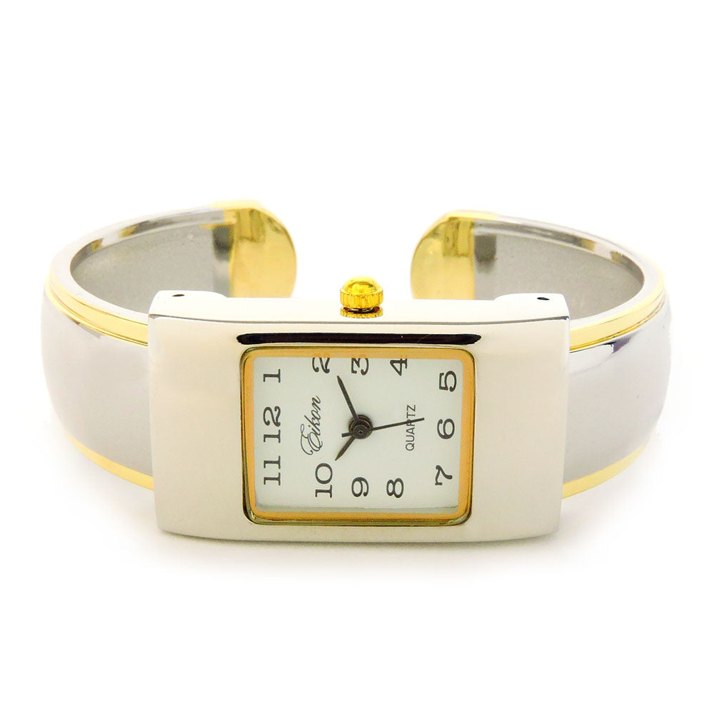 Two-Tone Small Size Rectangle Case Easy to Read Women's Bangle Cuff Watch