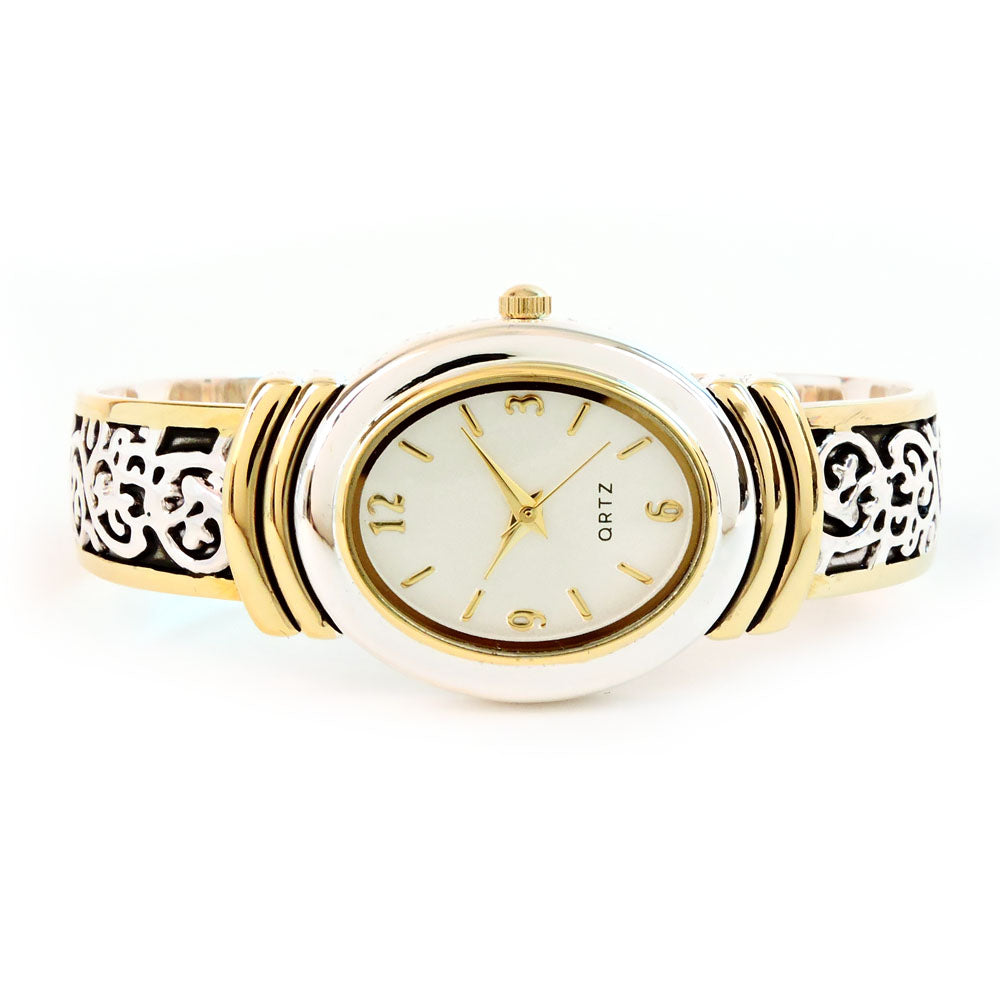 2Tone Western Style Decorated Oval Face Women's Bangle Cuff Watch
