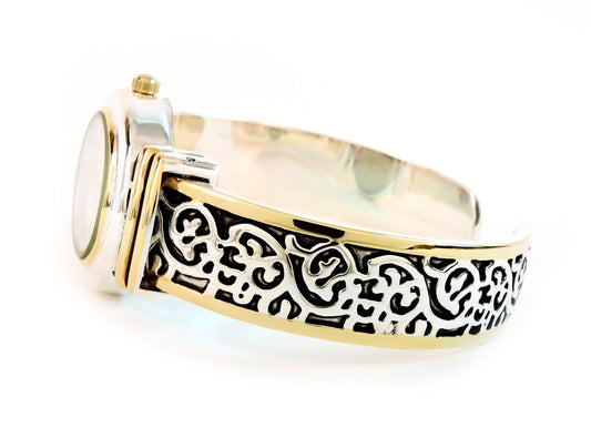 2Tone Western Style Decorated Oval Face Women's Bangle Cuff Watch