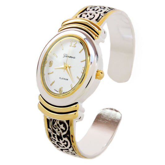 2Tone Western Style Decorated Oval Face Women's Bangle Cuff Watch