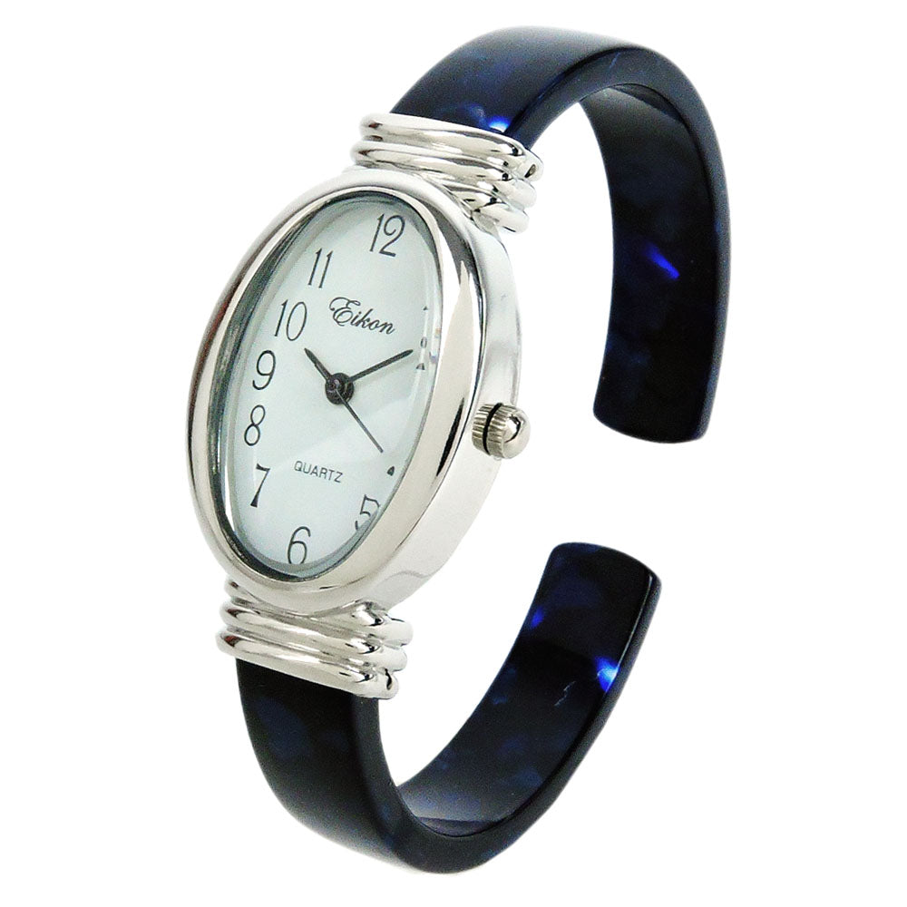 Blue Acrylic Band with Silver Oval Case Women's Bangle Cuff WATCH