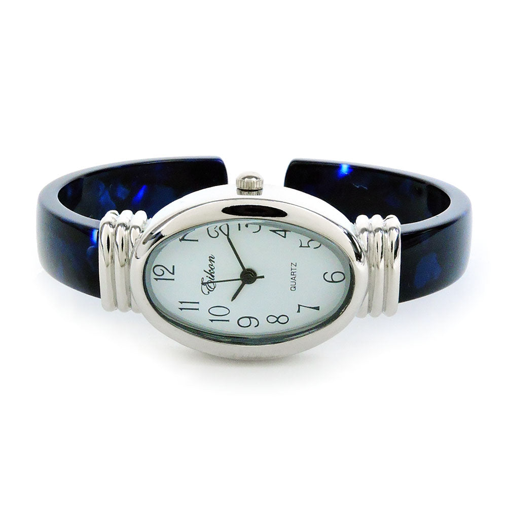 Blue Acrylic Band with Silver Oval Case Women's Bangle Cuff WATCH