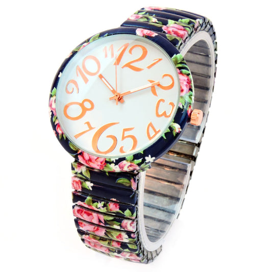 Navy Blue Roses Floral Print Large Face Easy to Read Stretch Band Extension Women's Watch