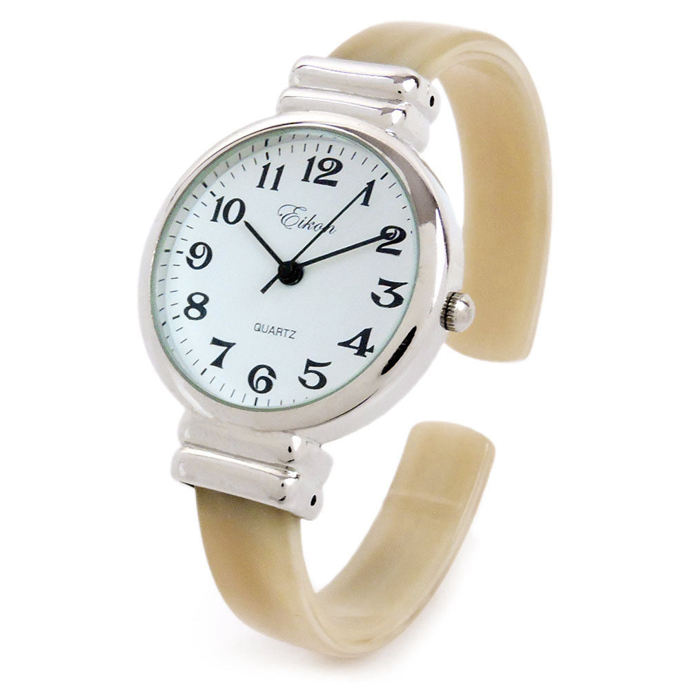 Horn Silver Ivory Acrylic Band Silver Round Face Women's Bangle Cuff Watch