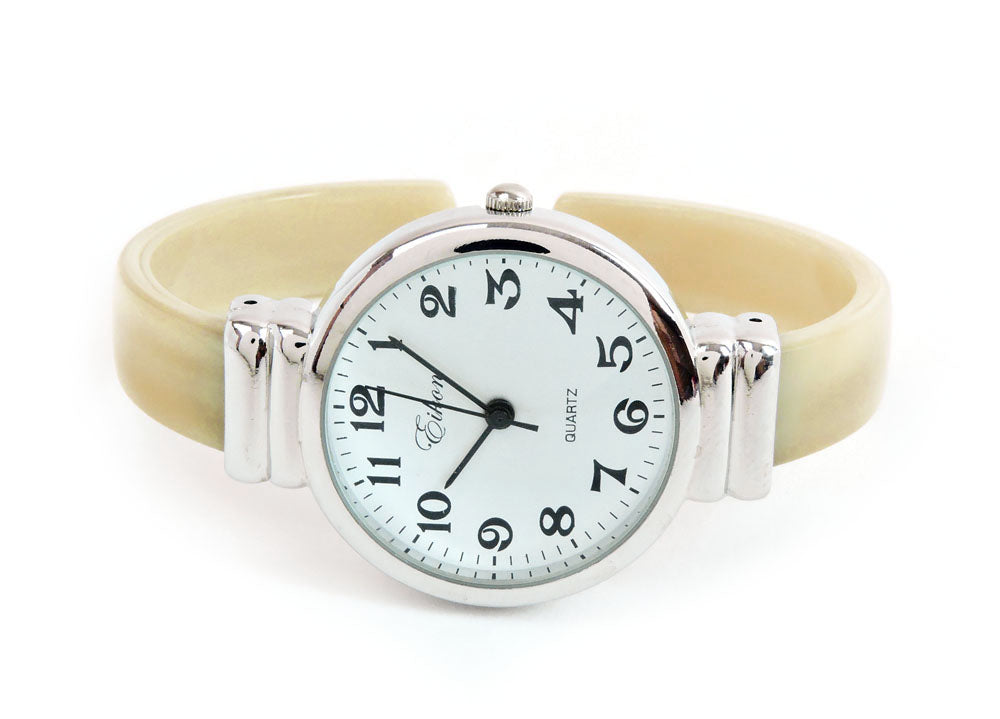 Horn Silver Ivory Acrylic Band Silver Round Face Women's Bangle Cuff Watch