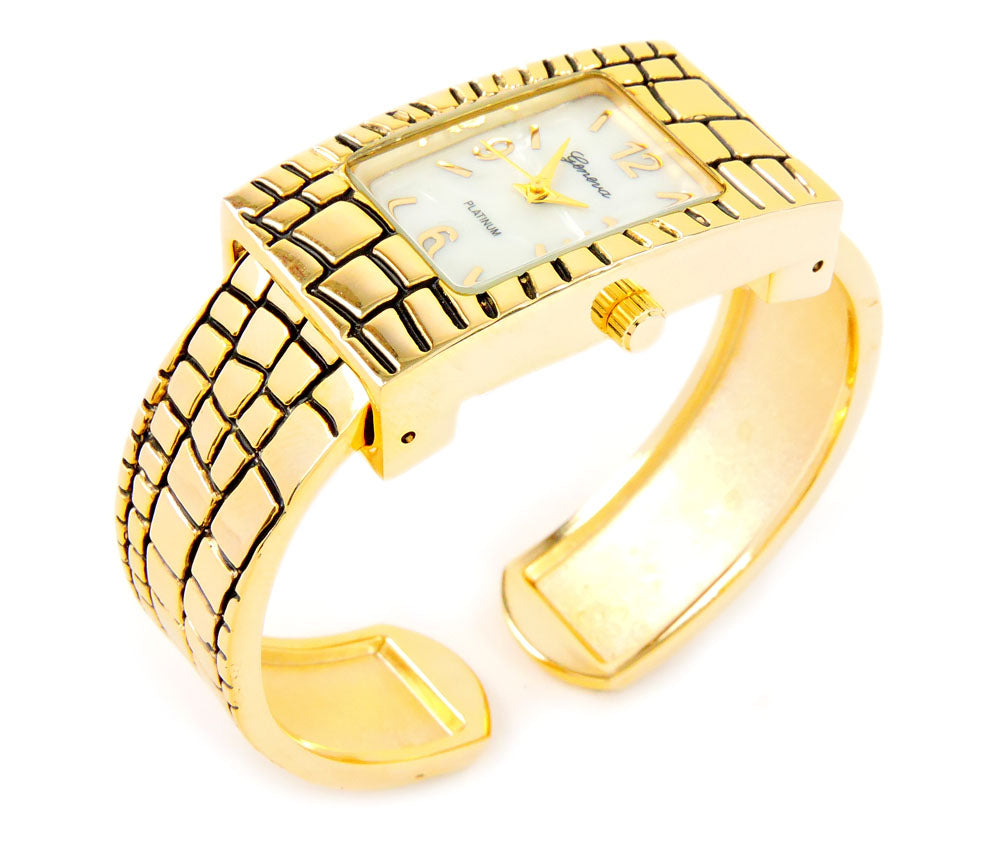 Gold Croc Style Band Rectangle Bangle Cuff Watch for Women