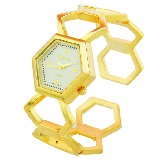 Gold Hexagon Shape Fashion Women's Bangle Cuff Watch