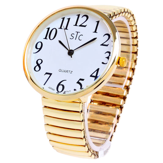 STC Gold Super Large Face Easy to Read Stretch Band Watch NIB