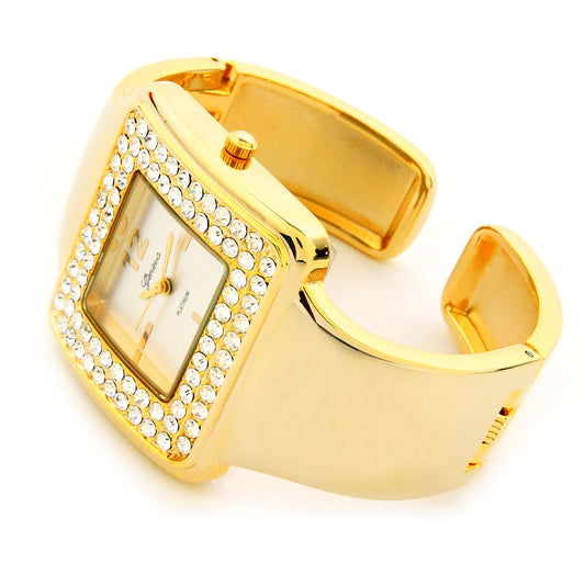 Gold Tone Crystal Bezel Luxury Bangle Cuff Watches for Women