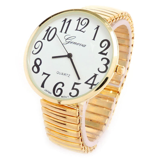 Gold Super Large Face Easy to Read Stretch Band Watch