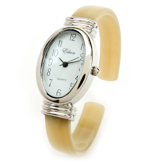 Horn Silver Ivory Acrylic Band Silver Oval Face Women's Bangle Cuff Watch