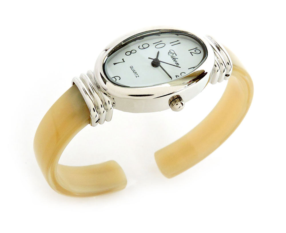 Horn Silver Ivory Acrylic Band Silver Oval Face Women's Bangle Cuff Watch