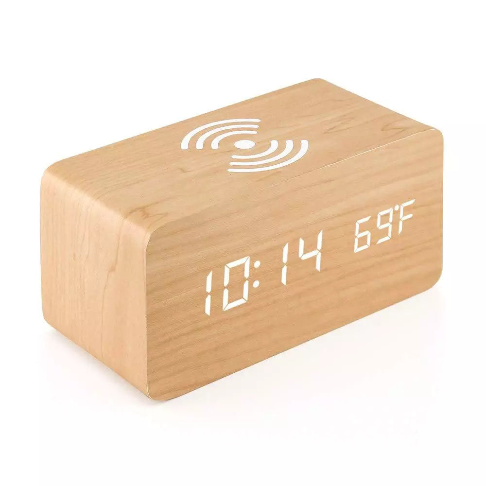 Wooden Led Clock Wireless Charging, Bedside Clock with Time & Temperature Display, 3 Brightness Levels for your Bedroom