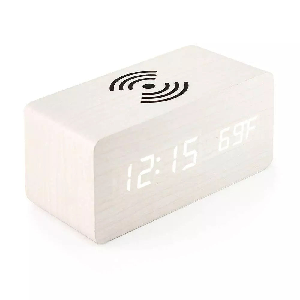 Wooden Led Clock Wireless Charging, Bedside Clock with Time & Temperature Display, 3 Brightness Levels for your Bedroom