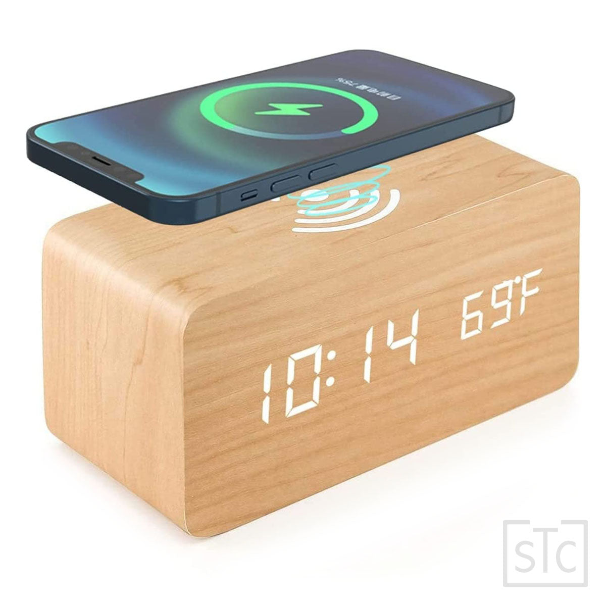 Wooden Led Clock Wireless Charging, Bedside Clock with Time & Temperature Display, 3 Brightness Levels for your Bedroom