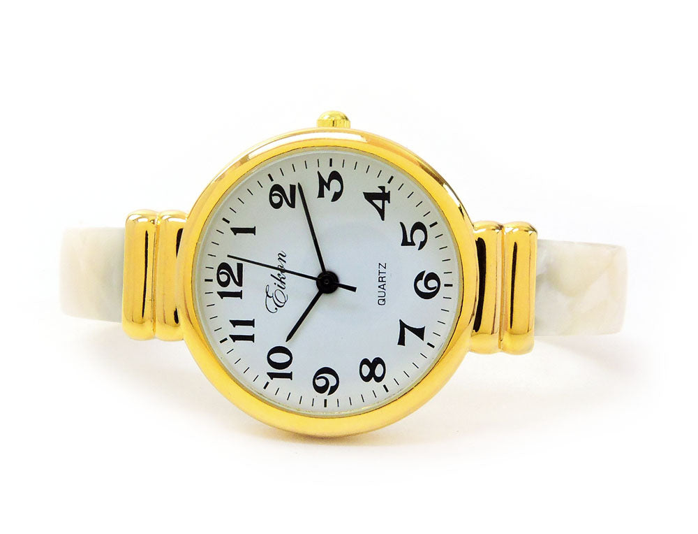White Gold Acrylic Band Round Face Women's Bangle Cuff Watch