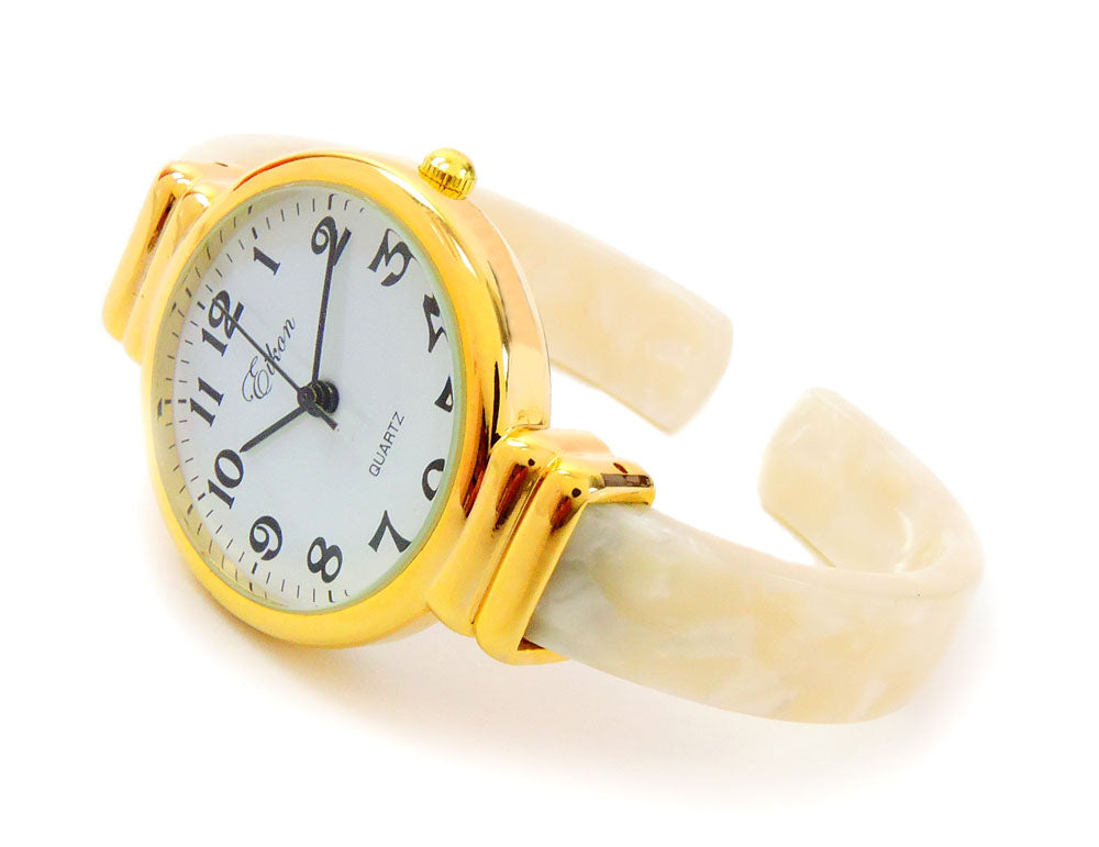 White Gold Acrylic Band Round Face Women's Bangle Cuff Watch