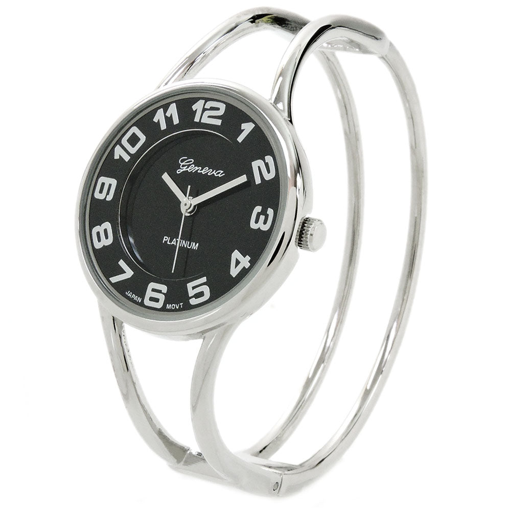 Silver Black Round Face Metal Double Band Fashion Women's Bangle Cuff Watch