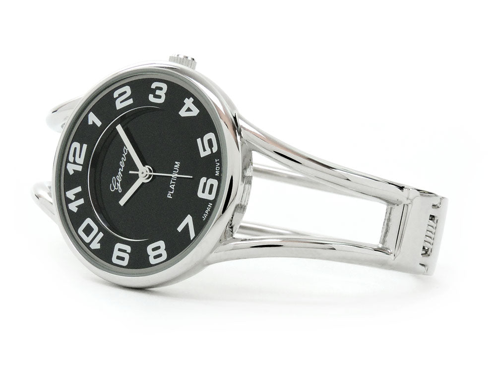 Silver Black Round Face Metal Double Band Fashion Women's Bangle Cuff Watch