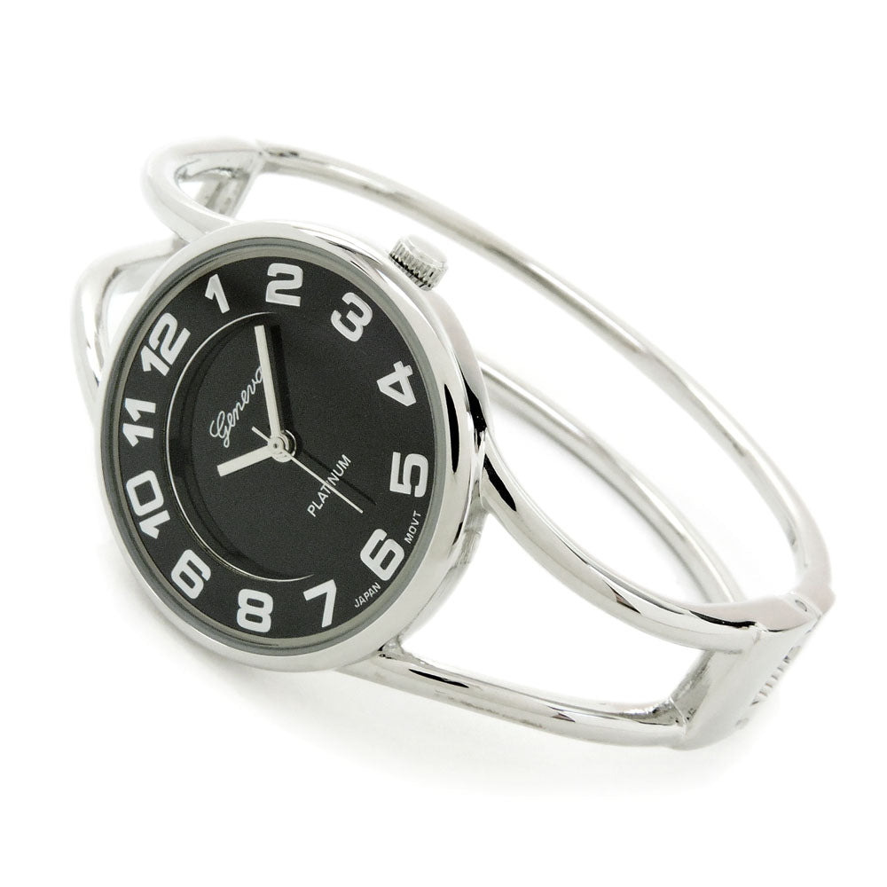 Silver Black Round Face Metal Double Band Fashion Women's Bangle Cuff Watch