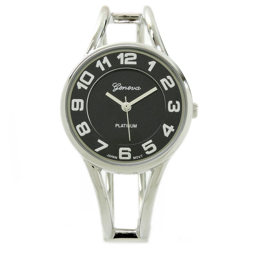Silver Black Round Face Metal Double Band Fashion Women's Bangle Cuff Watch