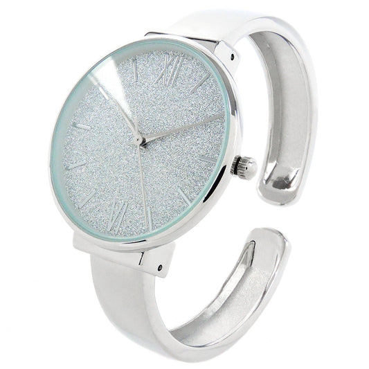 Silver Round Face Glittered Dial Fashion Women's Bangle Cuff Watch