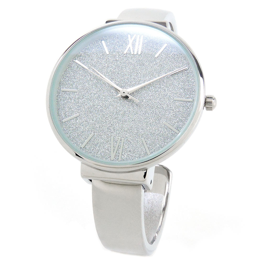 Silver Round Face Glittered Dial Fashion Women's Bangle Cuff Watch